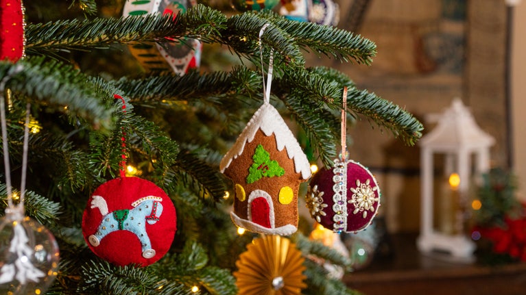 Handmade decorations on the Christmas trees at Packwood House, Warwickshire